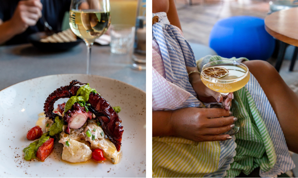 Two cooked octopus tentacles on a bed of potato salad and a girl holding an orange cocktail with dried orange and salt garnish. Aloft Perth