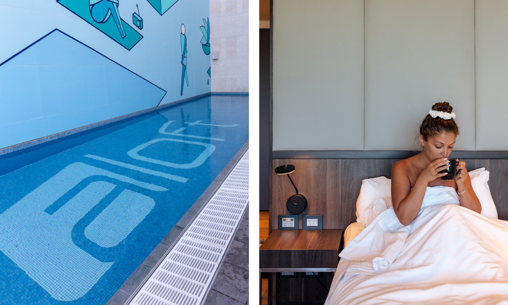 A pool with 'aloft' written in the tiles and a girl sitting in bed drinking tea. Aloft Perth